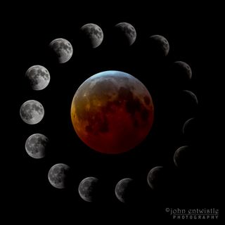 Circling around this “blood moon” photo is a sequence of images showing the progression of the different stages of the total lunar eclipse on Jan. 20-21, 2019. Astrophotographer John Entwistle created this composite using images he captured from the Jersey Shore, where he braved the freezing temperatures and strong winds to photograph the eclipse.