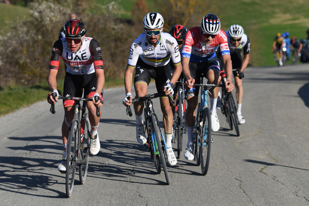 SIENA, ITALY - MARCH 06: Tadej Pogacar of Slovenia and UAE Team Emirates, Julian Alaphilippe of France and Team Deceuninck - Quick-Step, Egan Arley Bernal Gomez of Colombia and Team INEOS Grenadiers &amp;amp; Mathieu Van Der Poel of Netherlands and Team Alpecin-Fenix during the Eroica - 15th Strade Bianche 2021, Men&amp;amp;apos;s Elite a 184km race from Siena to Siena - Piazza del Campo / #StradeBianche / on March 06, 2021 in Siena, Italy. (Photo by Tim de Waele/Getty Images)