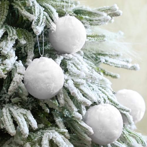 Vertintong 10 Pcs 3.15 Inch White Fur Ornaments for Christmas Tree Decorations Christmas Ball Ornaments Xmas Hanging Decorations Furry Pom Pom Balls for Xmas Tree Party Supplies