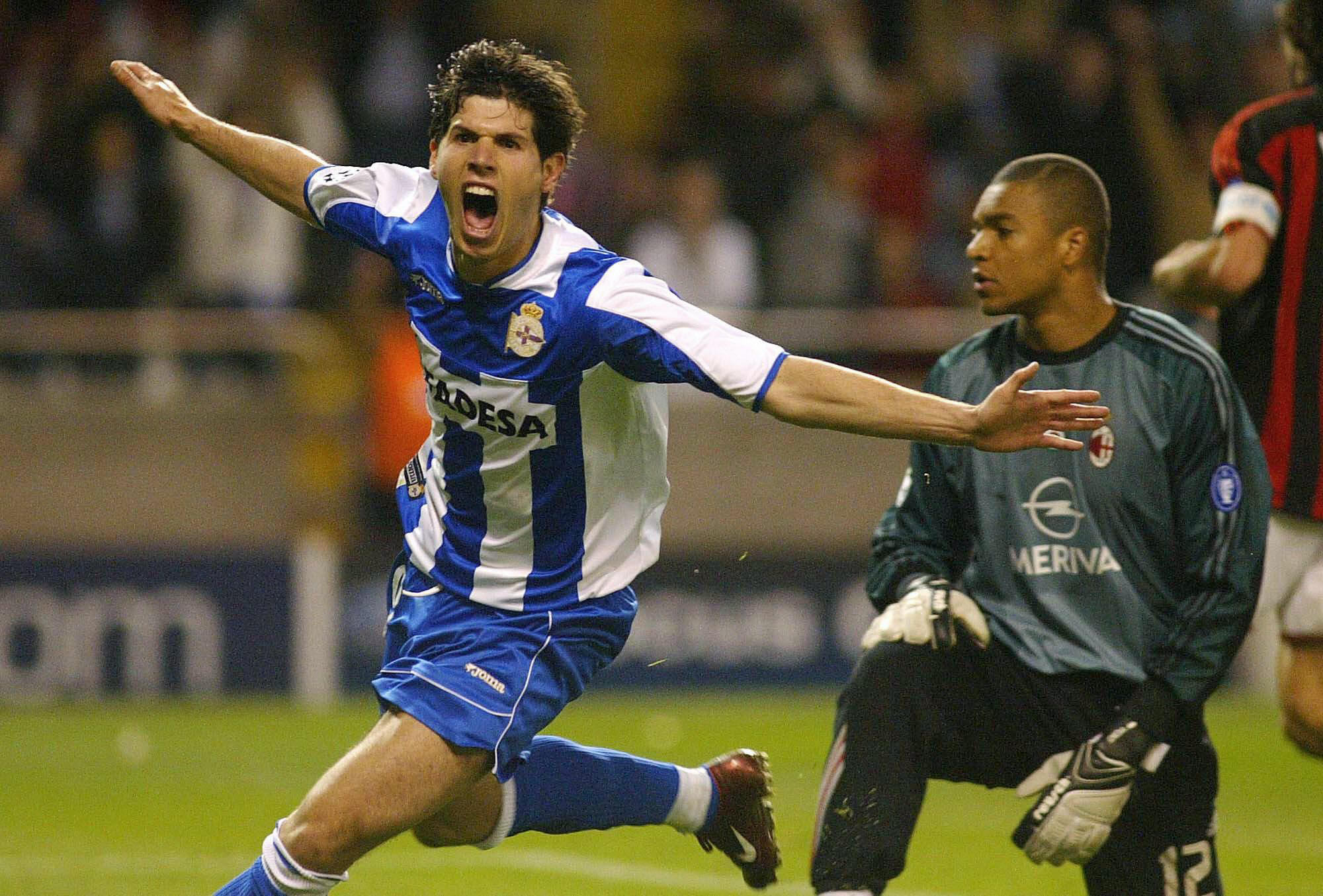 Albert Luque celebrates after scoring Deportivo La Coruña's third goal against AC Milan in the Champions League quarter-finals in April 2004.