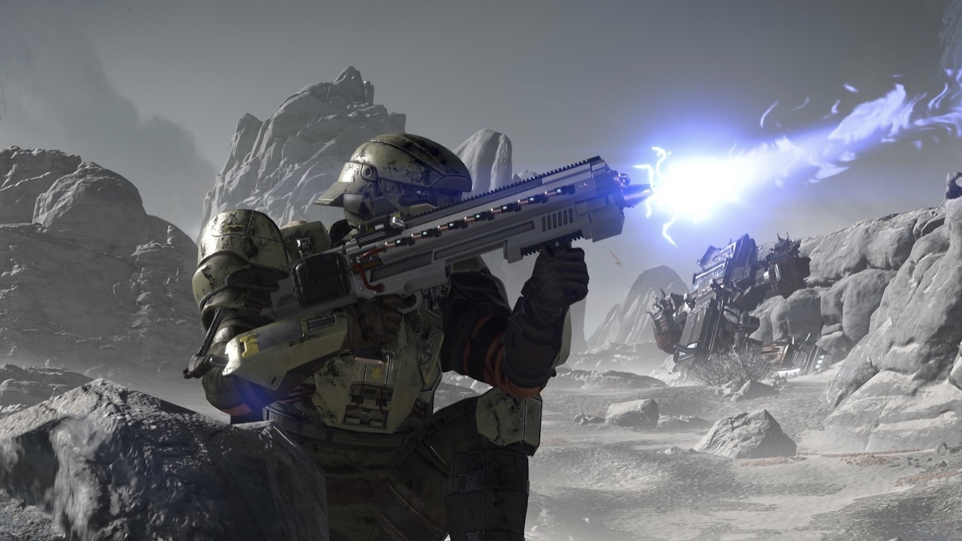 A Helldivers fires the new LAS-16 Sickle laser rifle to the right of the image. Blue sparks shoot from the end of the gun