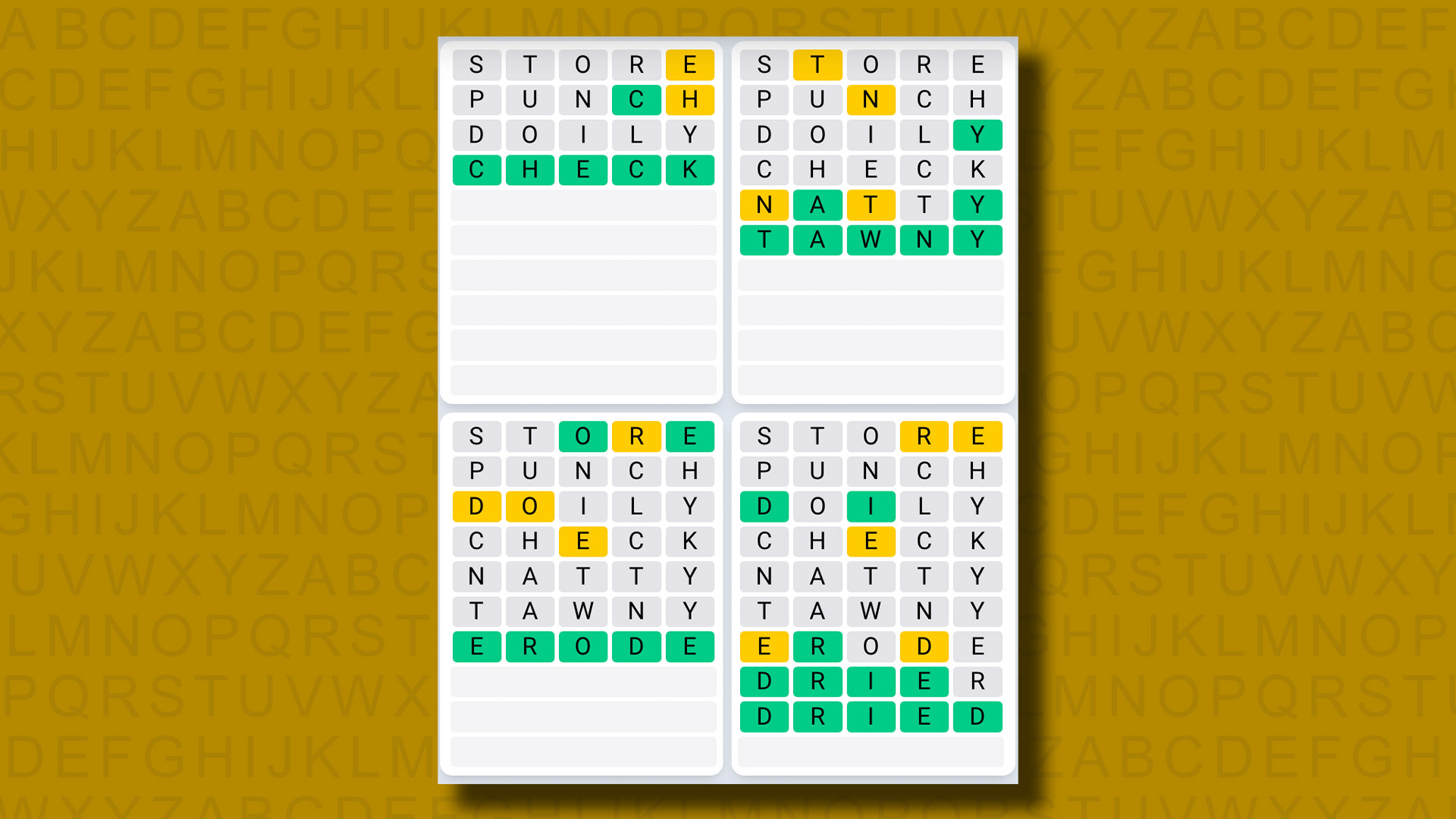 Quordle Daily Sequence answers for game 1062 on a yellow background