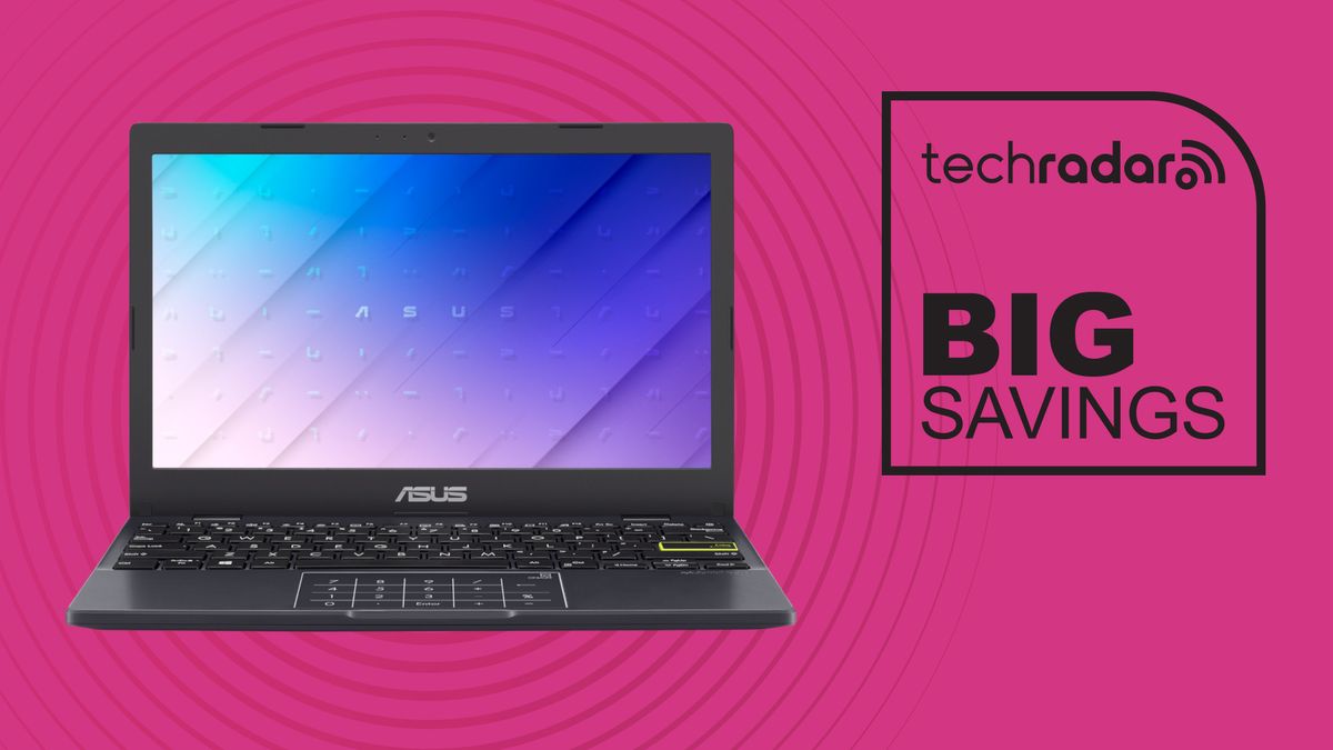 The Asus Vivobook Go 12 on a pink background with a &#039;TechRadar Big Savings&#039; badge beside it.