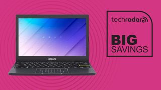 The Asus Vivobook Go 12 on a pink background with a 'TechRadar Big Savings' badge beside it.