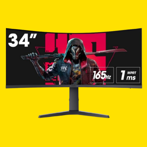 kOORUI 34E6UC ultrawide gaming monitor on a yellow background