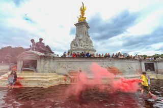 An Animal and climate activist from the Animal Rebellion activists group holds a red flare as they walk in the red-colour dyed fountain outside Buckingham Palace