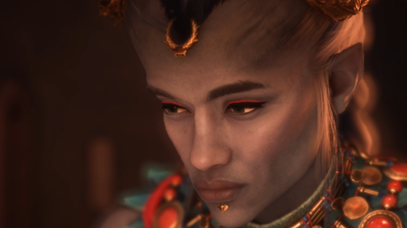 Taash stares, sorrowfully, off the screen in Dragon Age: The Veilguard.