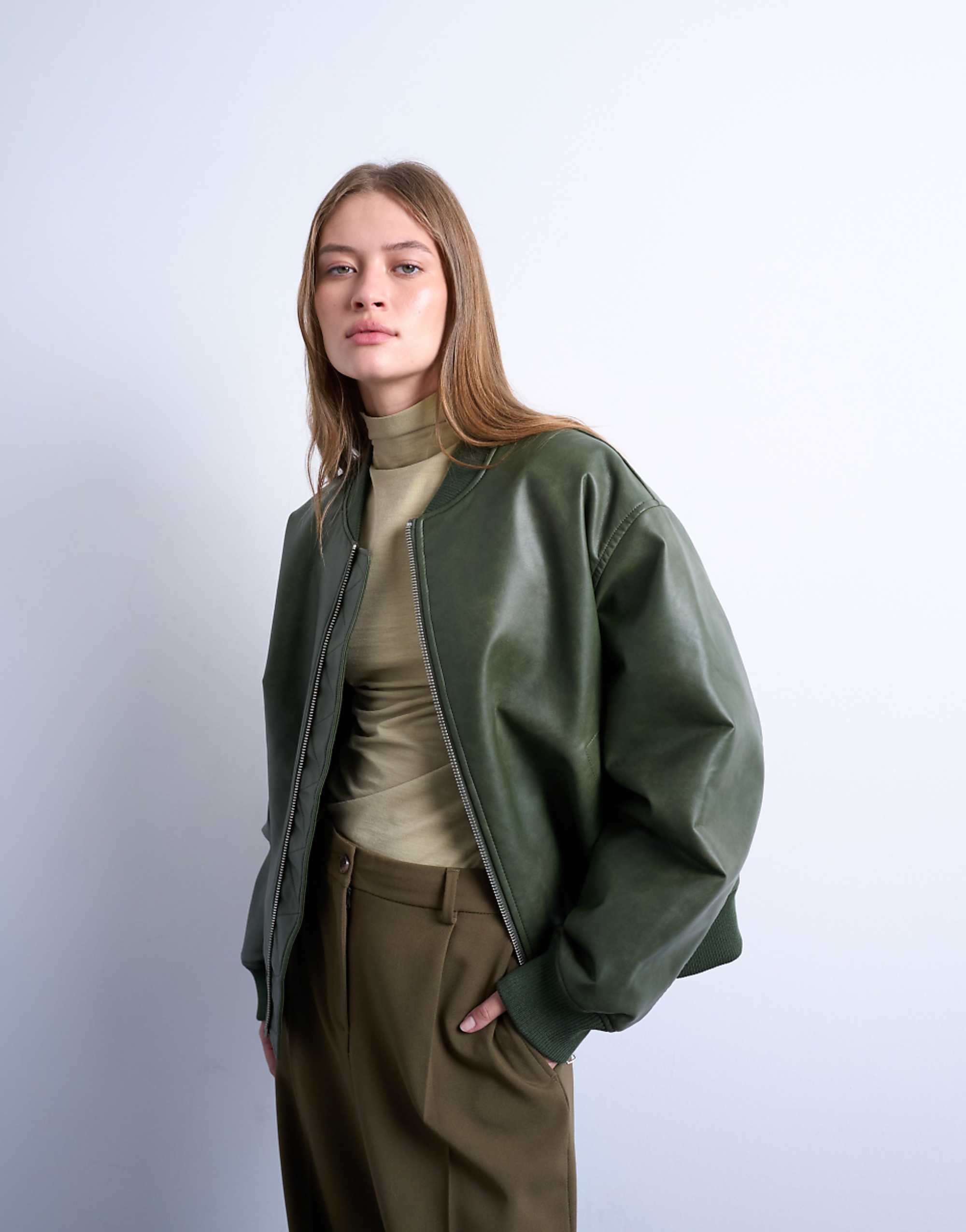 Topshop Faux Leather Vintage Wash Oversized Collarless Bomber Jacket in Green