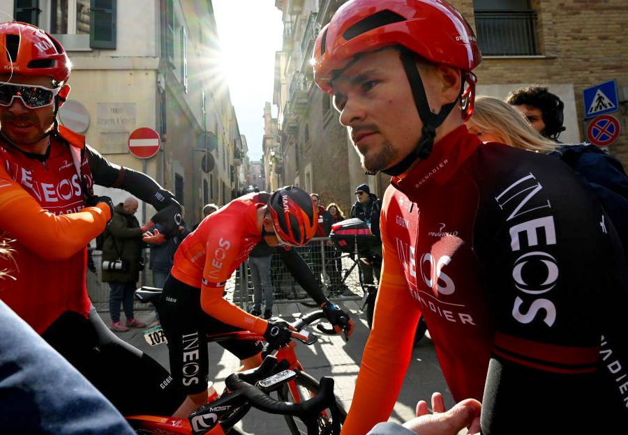 GIULIANOVA, ITALY - MARCH 07: (L-R) Luke Rowe of Great Britain and Thomas Pidcock of Great Britain and Team INEOS Grenadiers react after the the 59th Tirreno-Adriatico 2024, Stage 4 a 207km stage from Arrone to Giulianova / #UCIWT / on March 07, 2024 in Giulianova, Italy. (Photo by Tim de Waele/Getty Images)