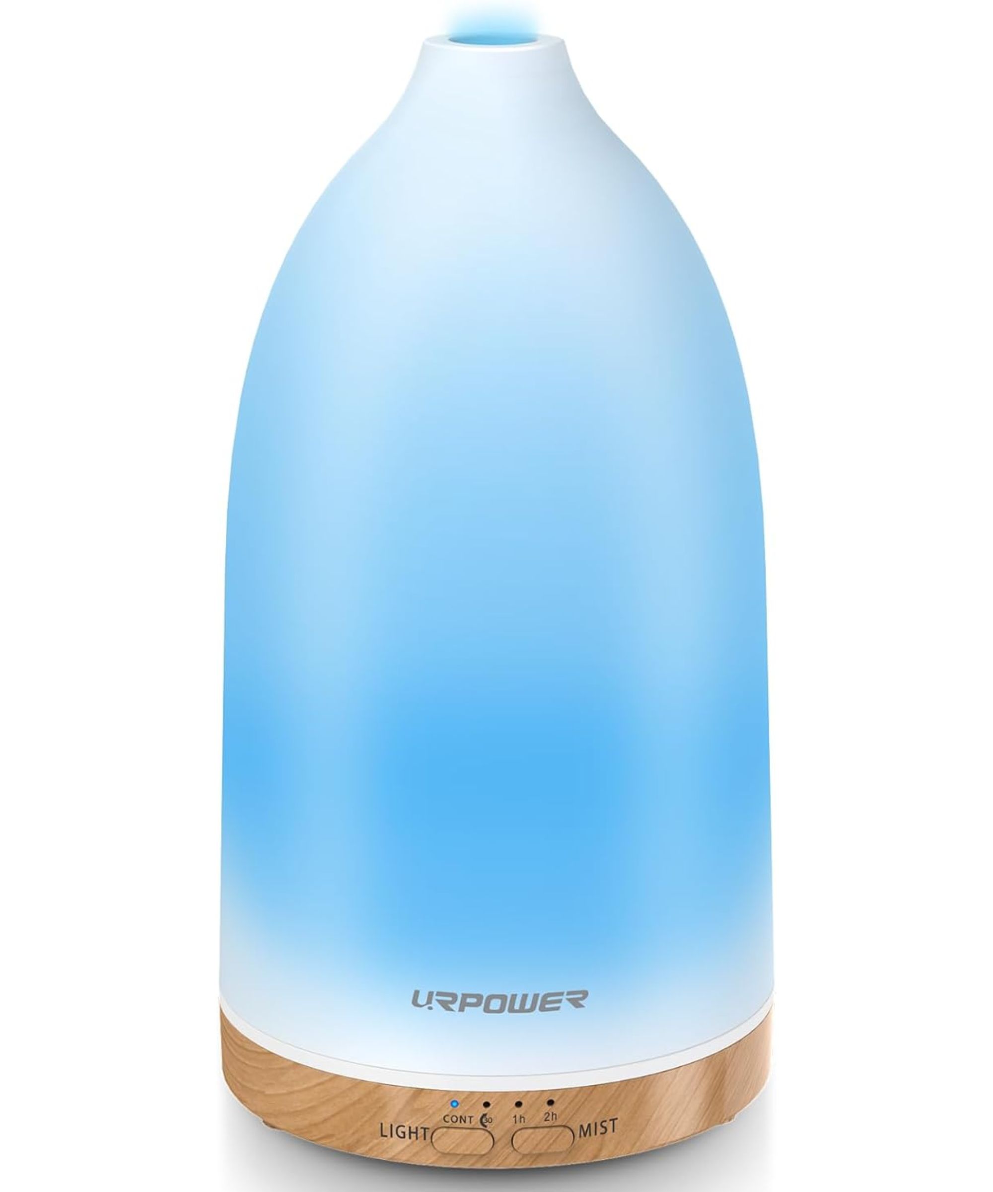 Blue lit URPOWER Essential Oil Diffuser with a wooden base