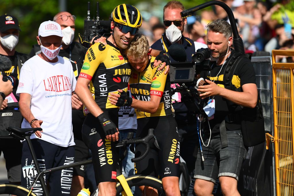 POTENZA ITALY MAY 13 LR Tom Dumoulin of Netherlands and Koen Bouwman of Netherlands and Team Jumbo Visma celebrate the victory during the 105th Giro dItalia 2022 Stage 7 a 196km stage from Diamante to Potenza 717m Giro WorldTour on May 13 2022 in Potenza Italy Photo by Tim de WaeleGetty Images