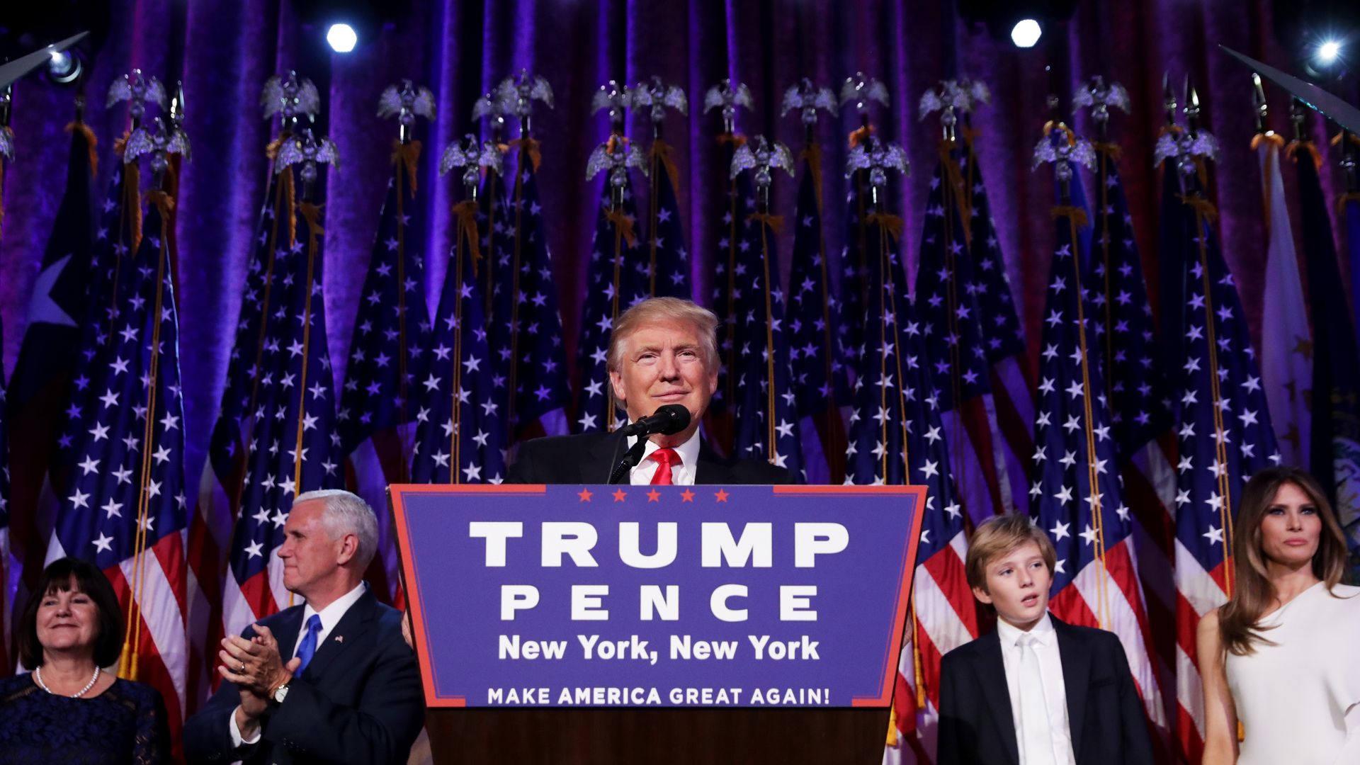 Donald Trump and his election party take to the stage in 2016