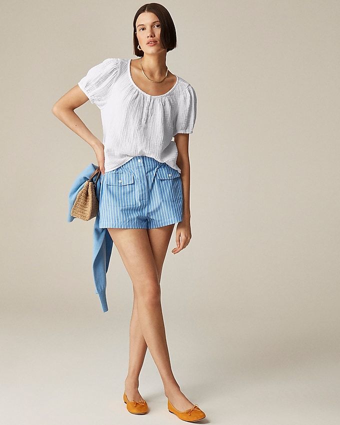 Puff-Sleeve Henley Top in Gauze