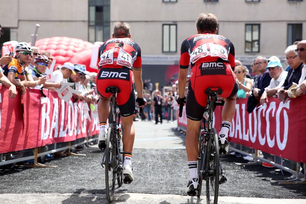 Ama&euml;l Moinard and Philippe Gilbert ride back from sign on