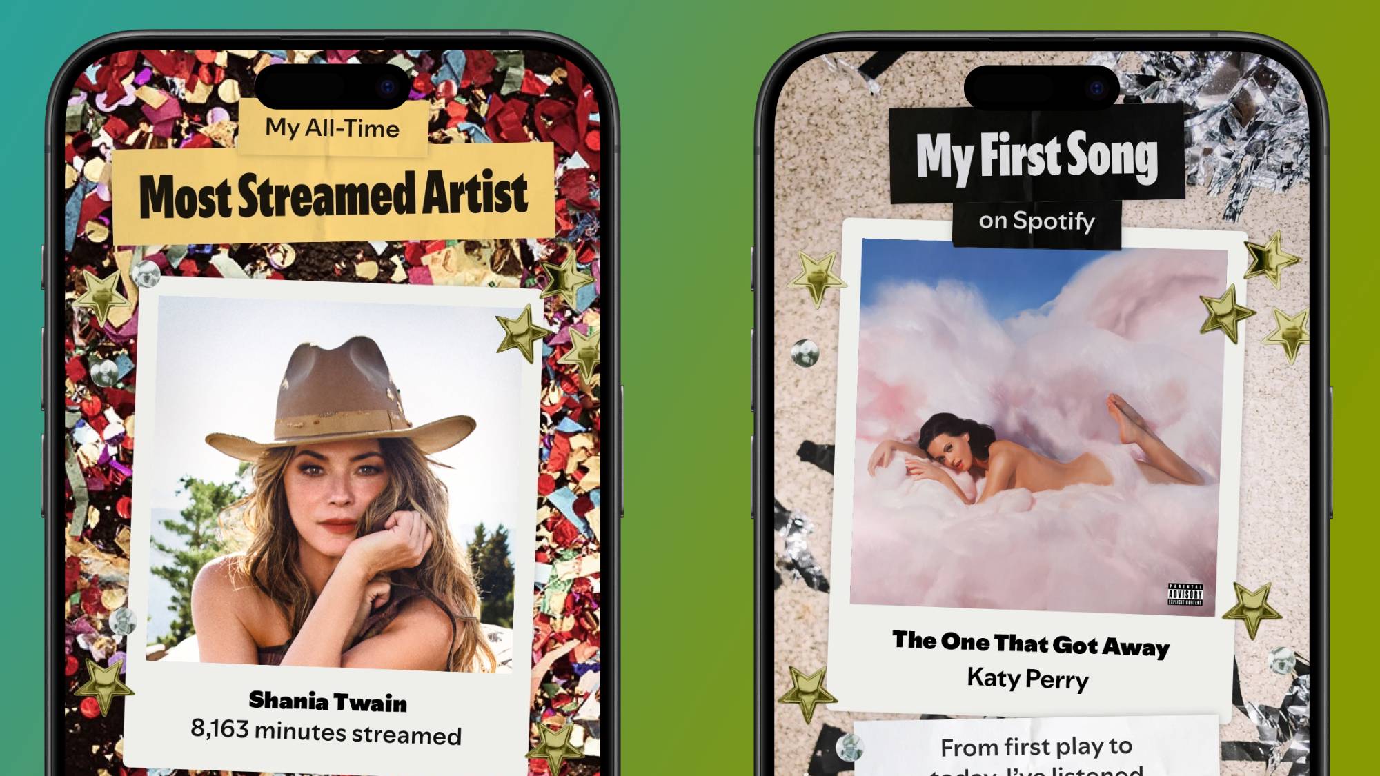 Two smartphones showing visual cars from Spotify's new Party of the Year(s) experience