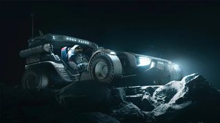 artwork of a four-wheeled rover driving on the moon at night.