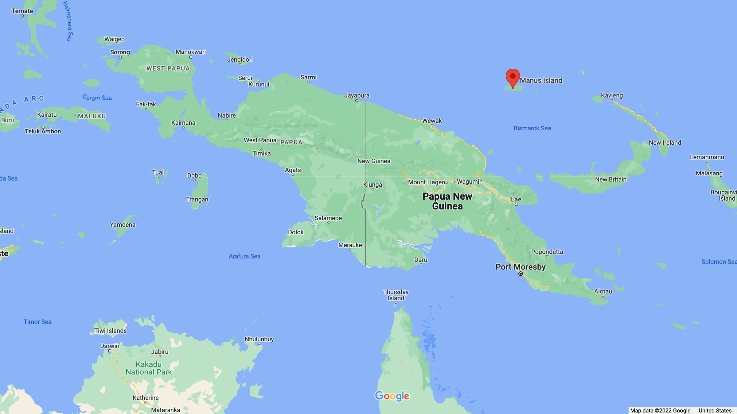 बिस्मार्क सागर में मानुस द्वीप को लाल रंग में चिह्नित उल्कापिंडों के स्थान के साथ दिखाने वाला नक्शा