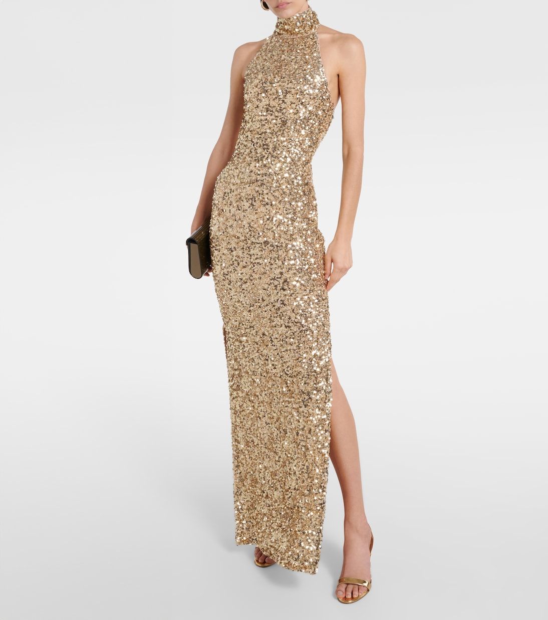 Sequined Halterneck Gown in Gold - Rotate