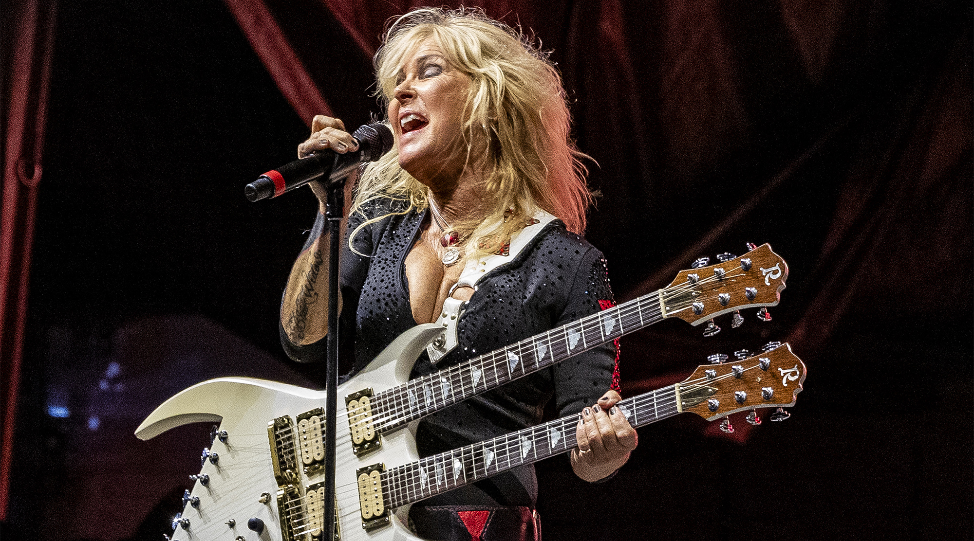 Lita Ford performs in concert during Rocklahoma at Rockin' Red Dirt Ranch on August 28, 2025 in Pryor, Oklahoma.