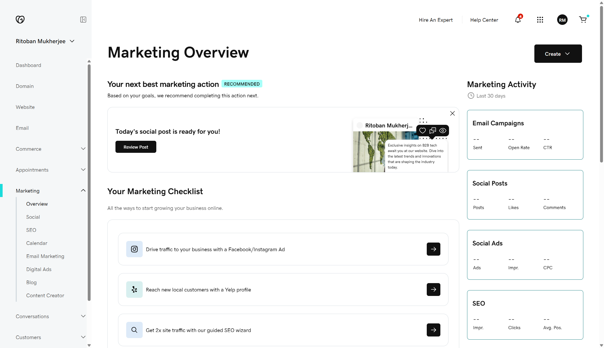 Screenshot of GoDaddy analytics dashboard, giving an overview of marketing activities.