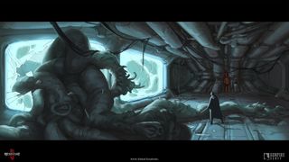 A dimly-lit environment showing a lone wanderer among a pile of mutated flesh.