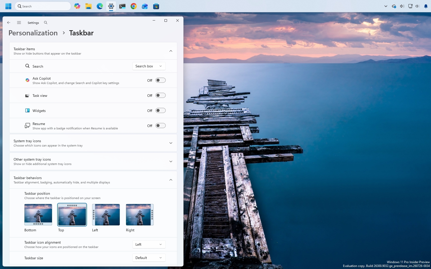 Taskbar with settings on the Windows 11 desktop in 2026.