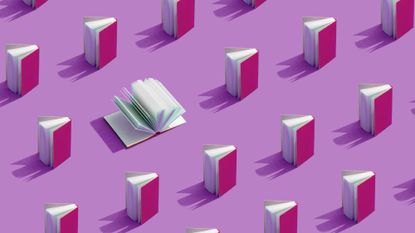 An illustration of many hardcover books standing. One is open and the pages flip.