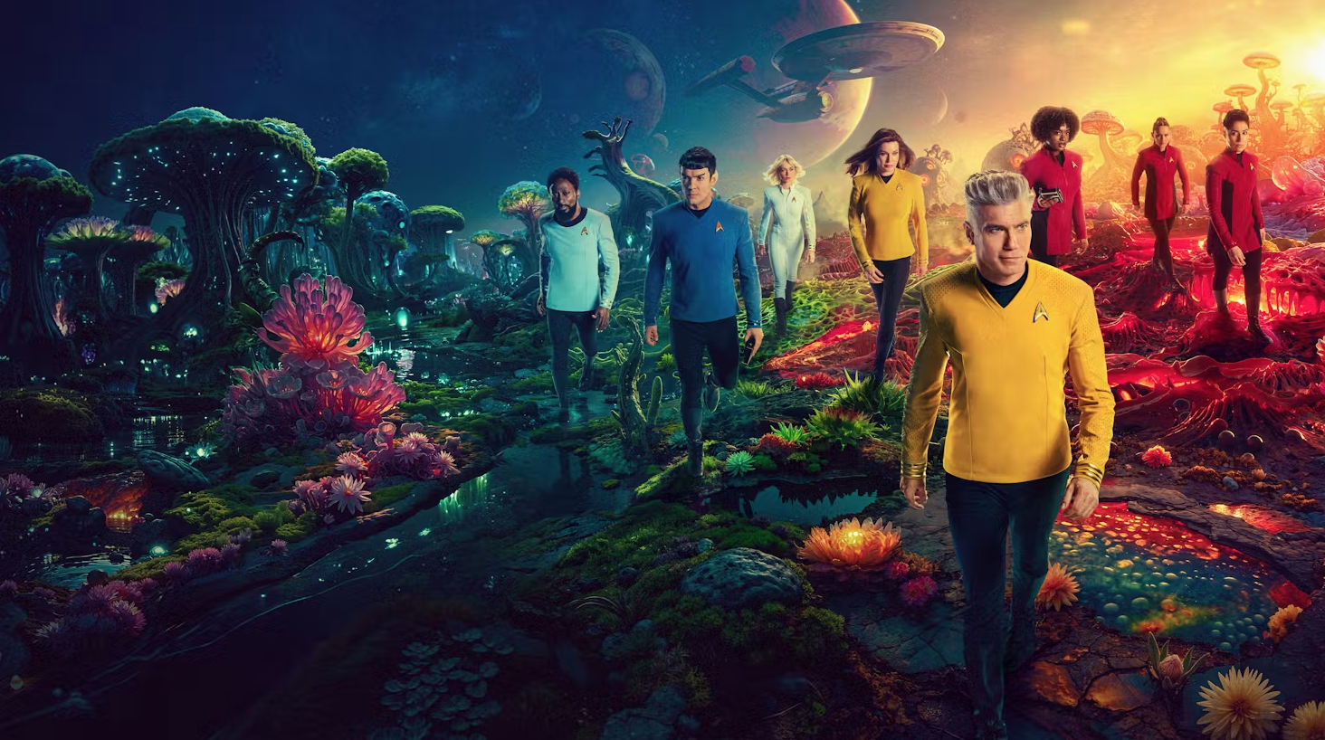 a colorful collage of sci-fi characters and exotic worlds