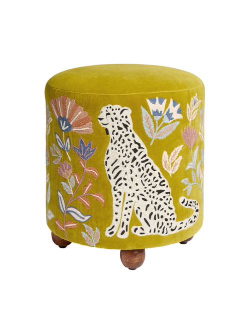 Samira Ochre Velvet Embroidered Leopard Floral Ottoman