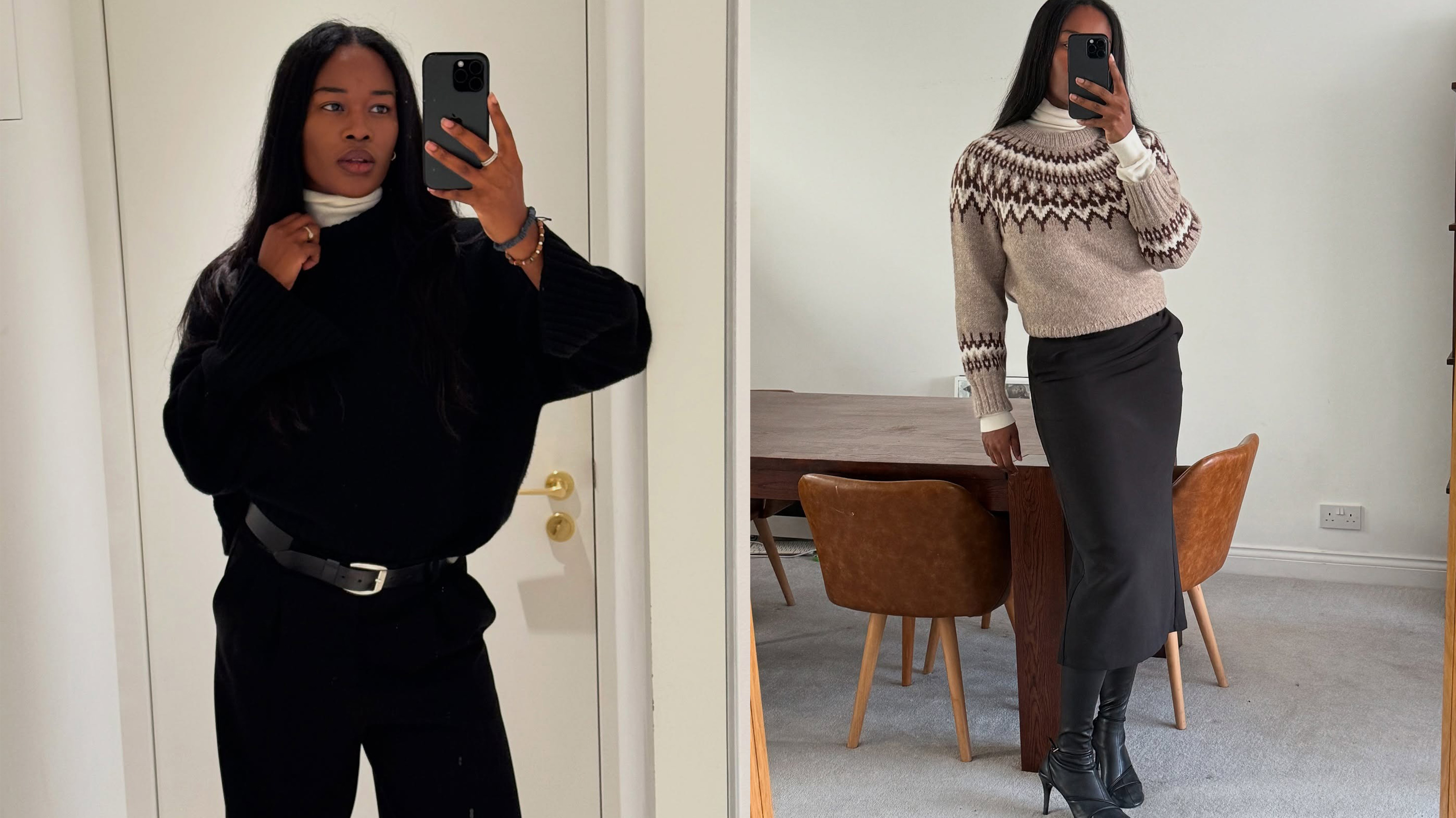 @nlmarilyn wearing a turtleneck sweater underneath a crewneck sweater.