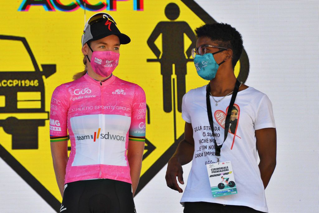 MORTEGLIANO ITALY JULY 09 Anna Van Der Breggen of Netherlands and Team SD Worx Pink Leader Jersey celebrates at podium during the 32nd Giro dItalia Internazionale Femminile 2021 Stage 8 a 1294km stage from San Vendemiano to Mortegliano GiroDonne UCIWWT on July 09 2021 in Mortegliano Italy Photo by Luc ClaessenGetty Images