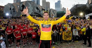 MELBOURNE AUSTRALIA AUGUST 12 Australian cyclist Cadel Evans is welcomed by fans at Federation Square on August 12 2011 in Melbourne Australia Evans became the first Australian to win the Tour de France in July this year Photo by Mal FaircloughPoolGetty Images