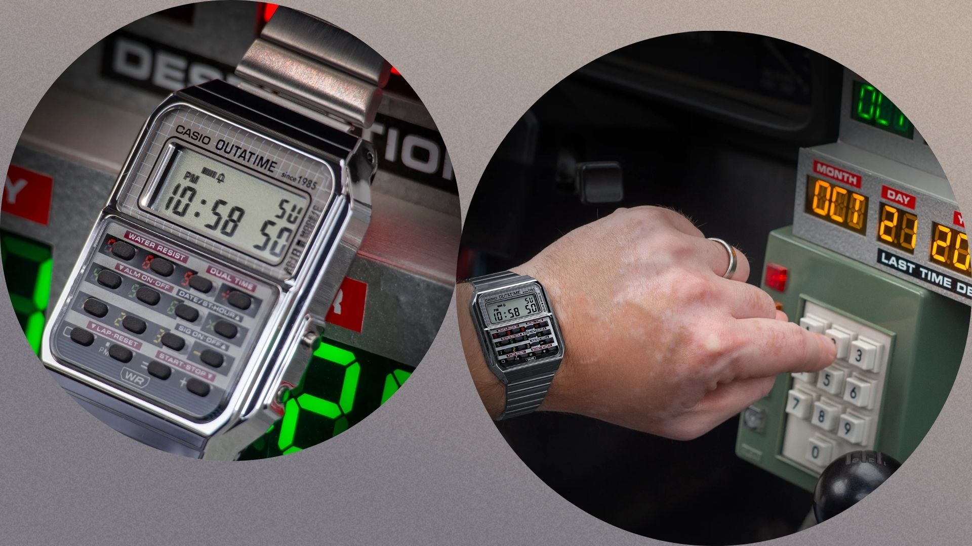 CASIO X Back To The Future watch on wrist and by itself on a grey background 