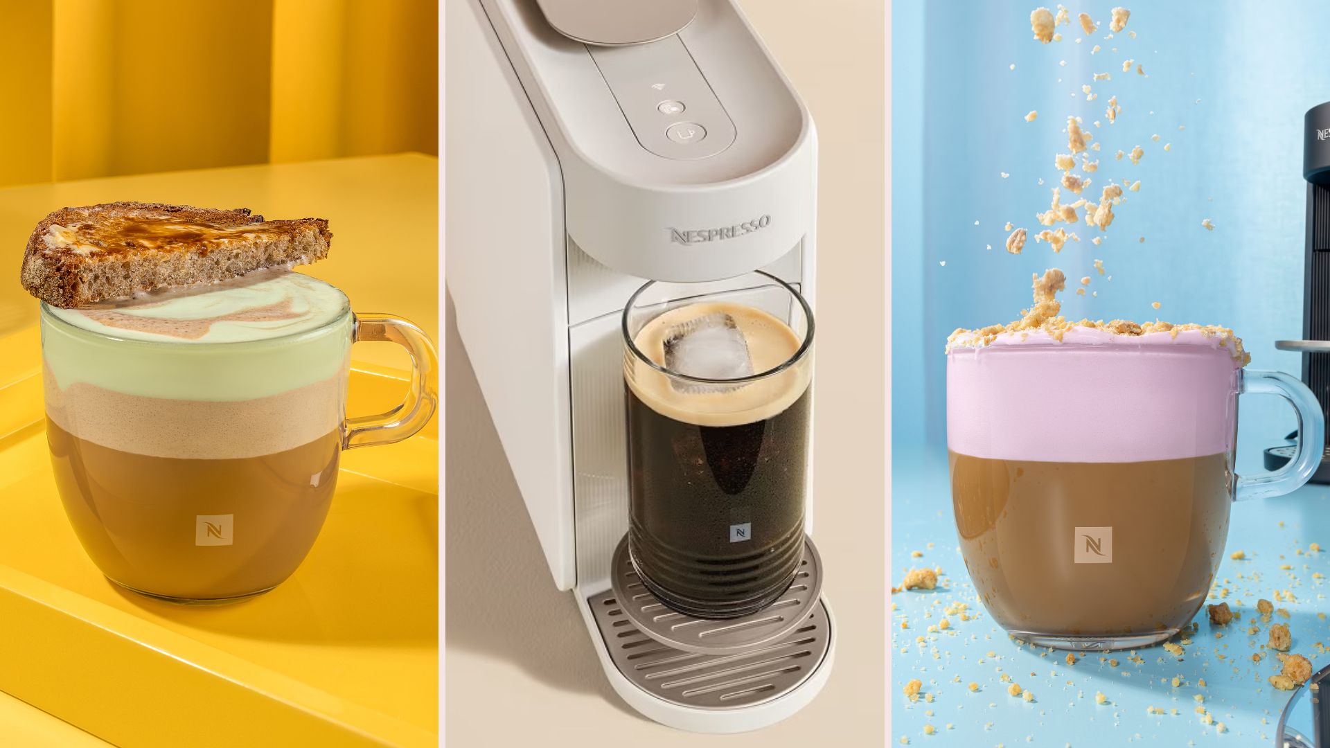 The new Nespresso Marmite and Avocado coffee, rhubarb and crumble coffee, and the Nespresso Vertuo Up machine