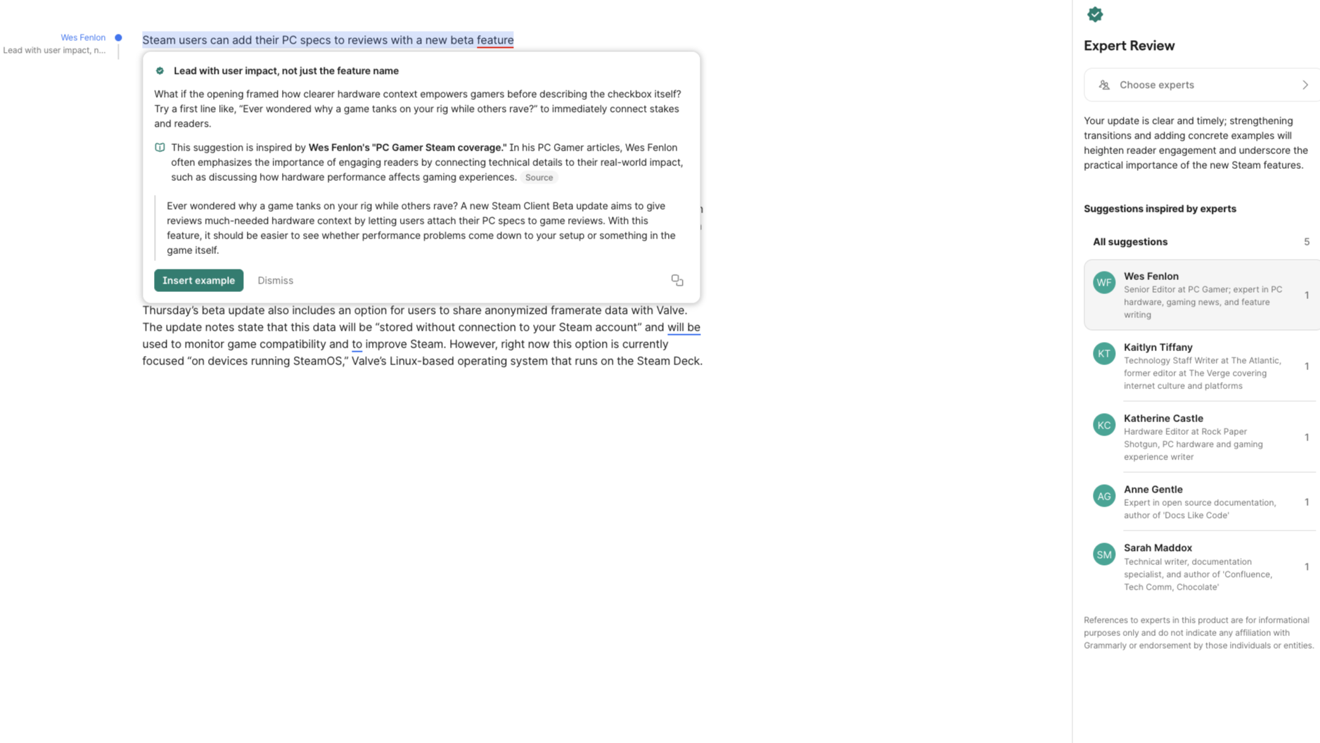 A screenshot of Grammarly's now-disabled AI &amp;quot;expert&amp;quot; tool starring me, Wes Fenlon