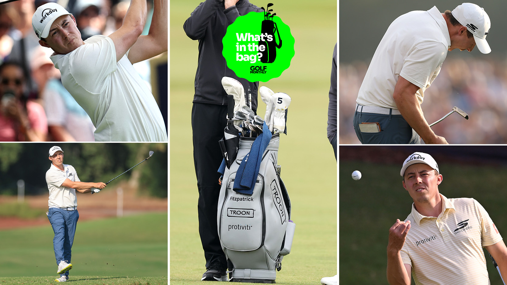 Matt Fitzpatrick&#039;s golf bag with various pictures of him around it