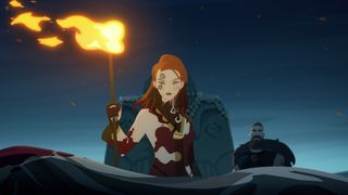 An animated warrior holds up a fire torch 