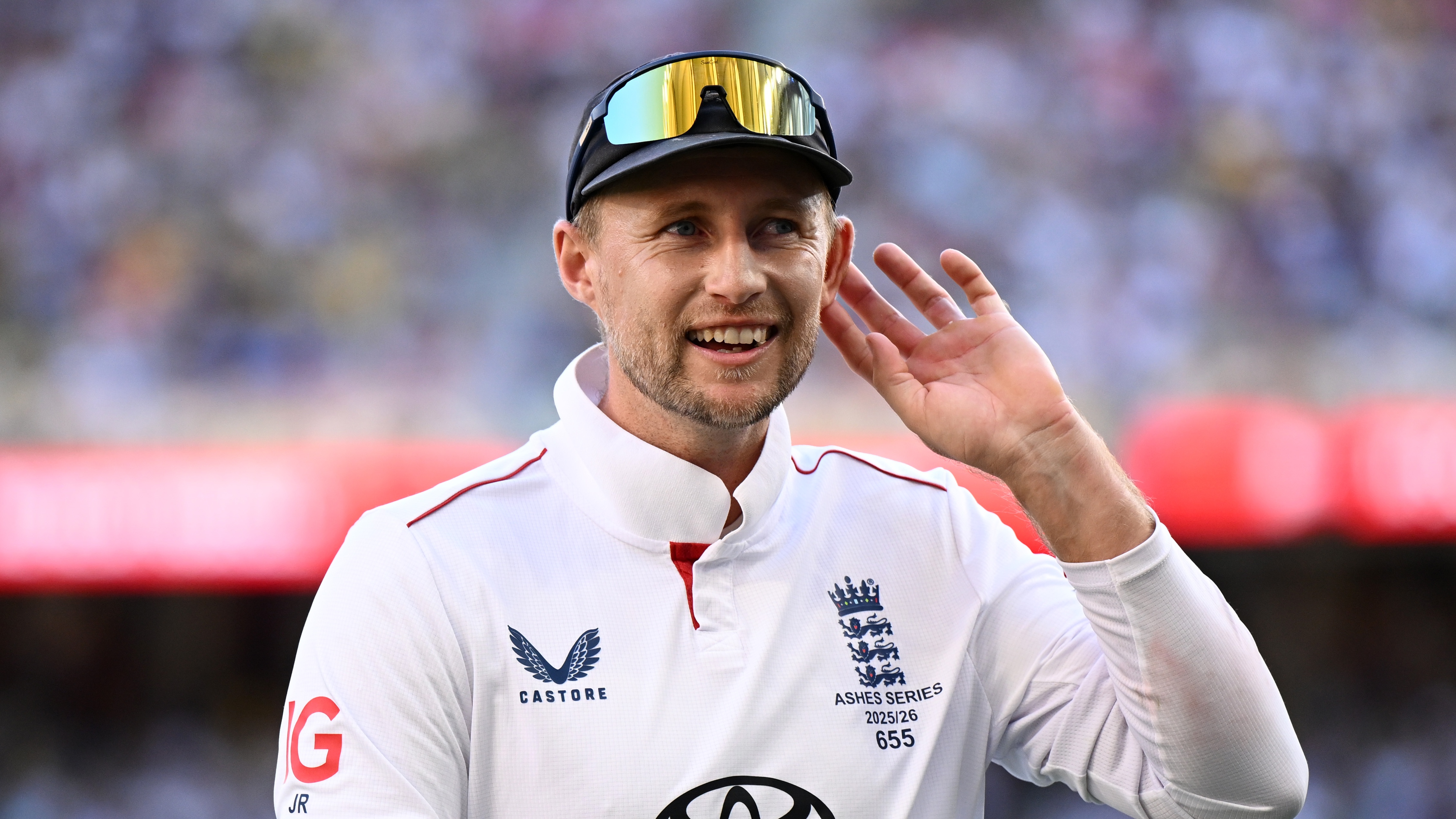 Joe Root reacts to the crowd after day one of the first Ashes Test in Perth. 