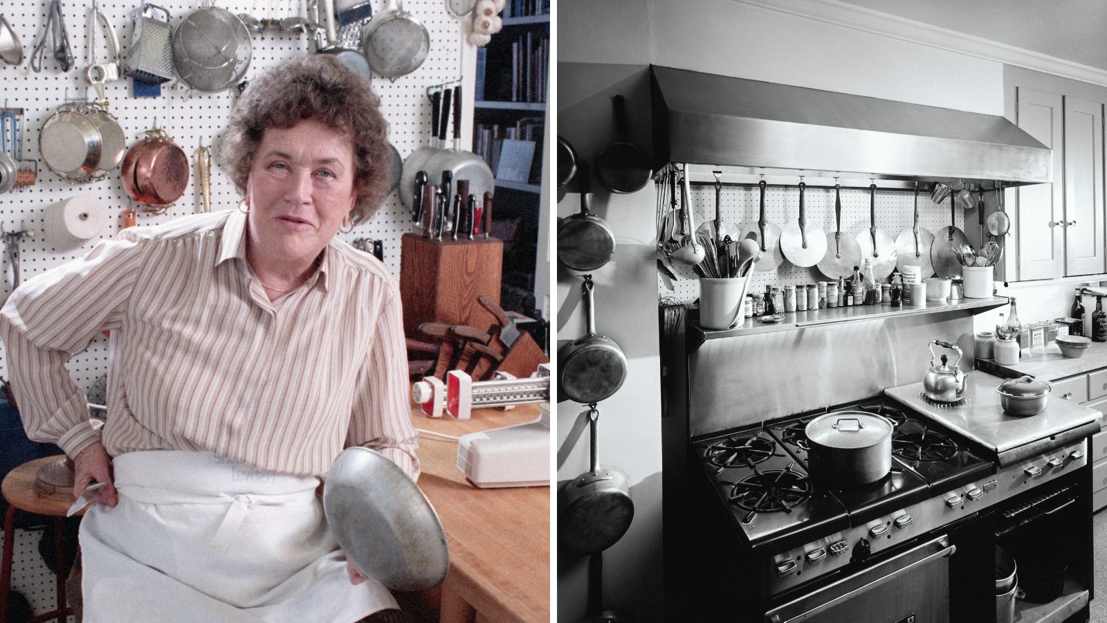a split screen with julia child on the left and her kitchen on the right