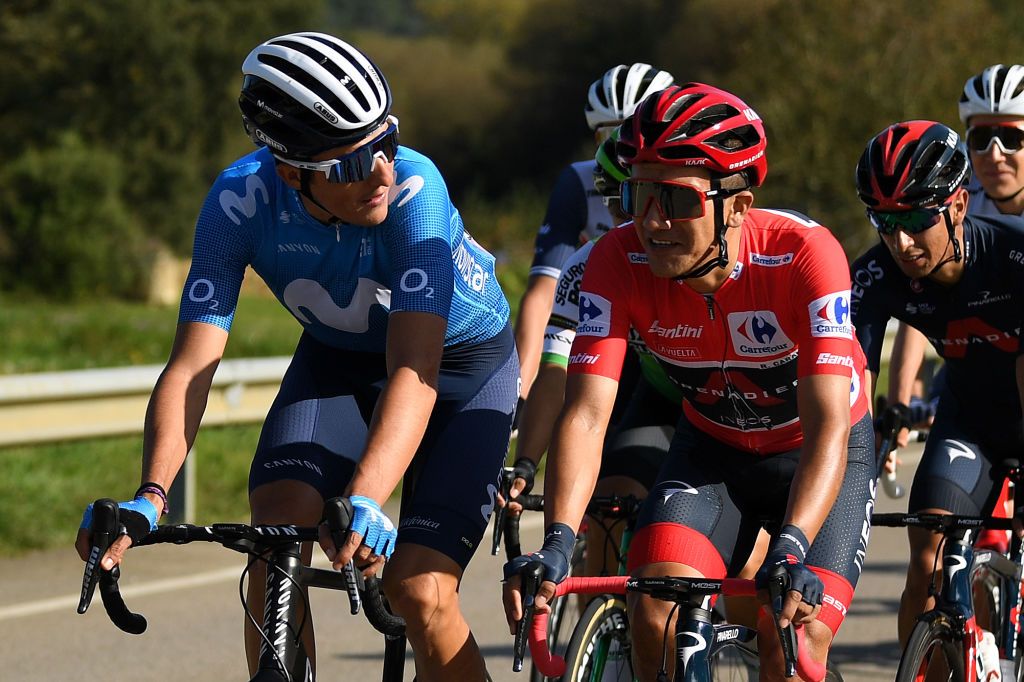 SUANCES SPAIN OCTOBER 30 Marc Soler Gimenez of Spain and Movistar Team Richard Carapaz of Ecuador and Team INEOS Grenadiers Red Leader Jersey Ivan Ramiro Sosa Cuervo of Colombia and Team INEOS Grenadiers during the 75th Tour of Spain 2020 Stage 10 a 185km stage from Castro Urdiales to Suances lavuelta LaVuelta20 La Vuelta on October 30 2020 in Suances Spain Photo by David RamosGetty Images