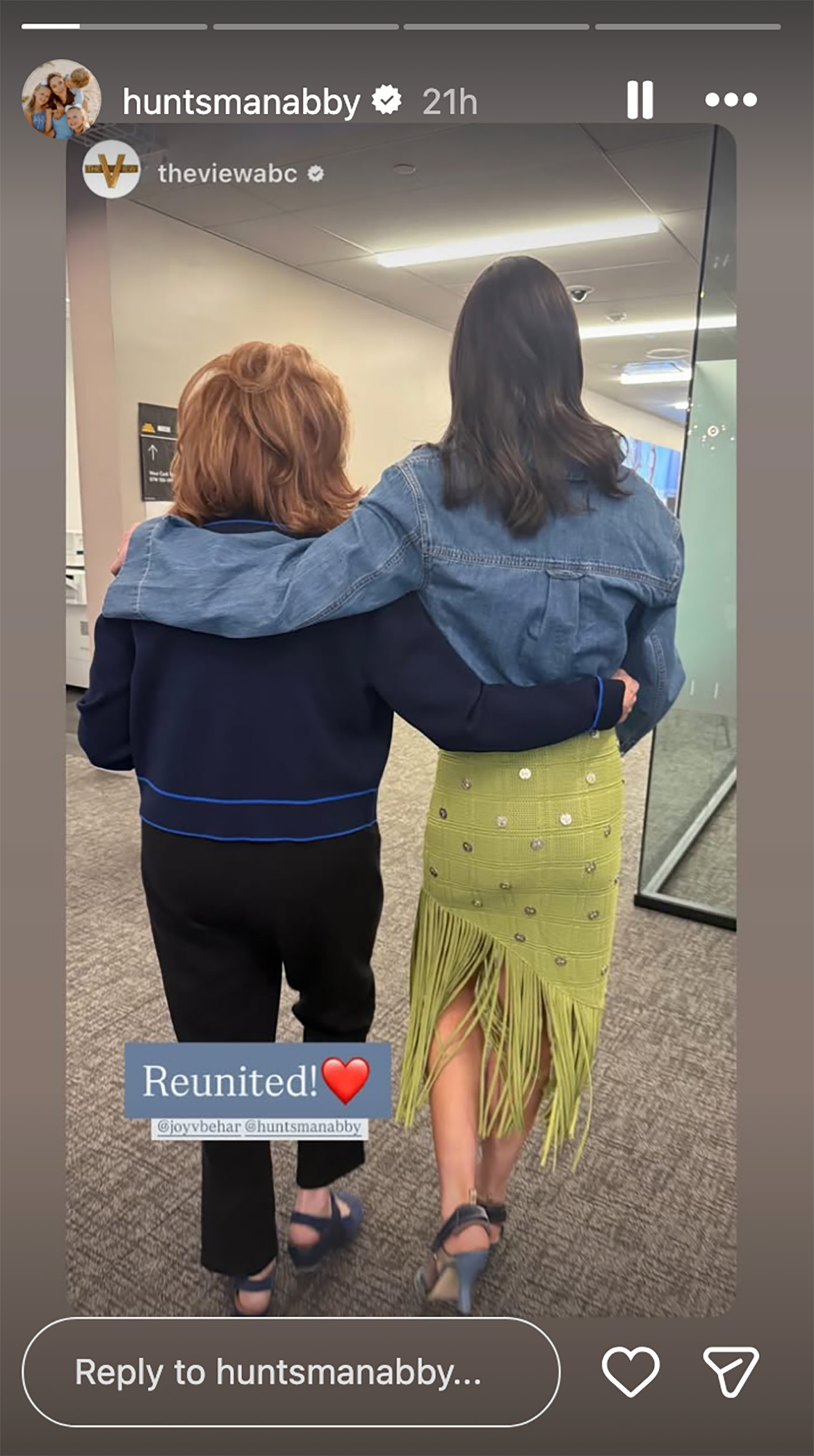 Abby Huntsman embraces Joy Behar in her 2026 The View return.