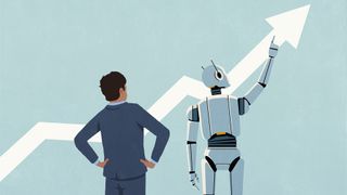 Vector image showing male business leader in suit standing beside robot recording AI productivity metrics signified by an arrow pointing in an upward trajectory.