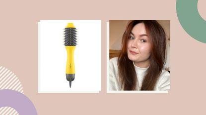 Collage of Drybar Double Shot Brush and freelance beauty editor Lucy after demonstrating how to use a blow dryer brush to style hair