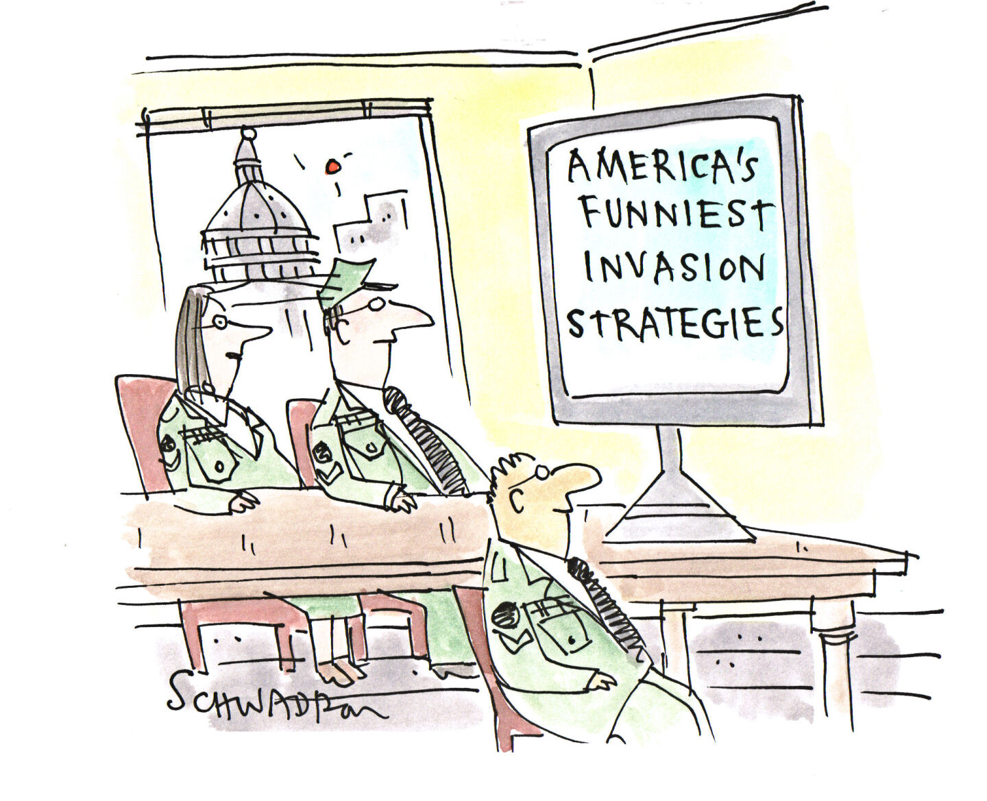 A woman in a military uniform and two men in military uniform sit at a table in Washington DC. They smile as they look at a screen with the words, &amp;ldquo;America&amp;rsquo;s Funniest Invasion Strategies&amp;rdquo;.