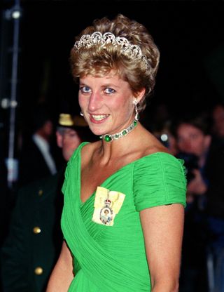 Princess Diana in a tiara and green dress