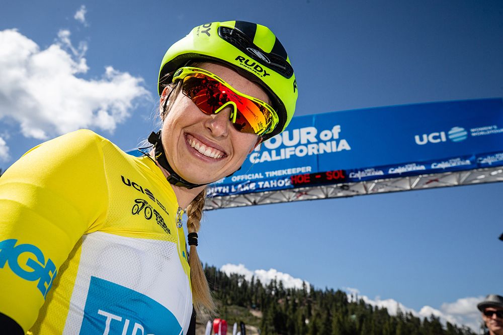 Kendall Ryan of The United States and Team TIBCO-Silicon Valley Bank in the yellow leaders jersey before the start of stage 2 of the Amgen Tour of California Women's Race