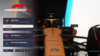 F1 Manager menu with a Mclaren F1 car at the forefront
