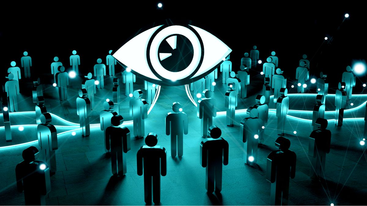 A massive eye overseeing a dark room full of individuals