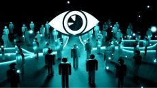 A massive eye overseeing a dark room full of individuals