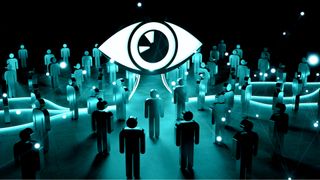 A massive eye overseeing a dark room full of individuals